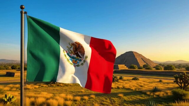Mexican flag waving in the wind with the ancient pyramids of Teotihuacan in the background at sunset