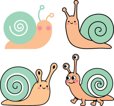 Set of four cartoon snail characters with mint green shells and peach bodies