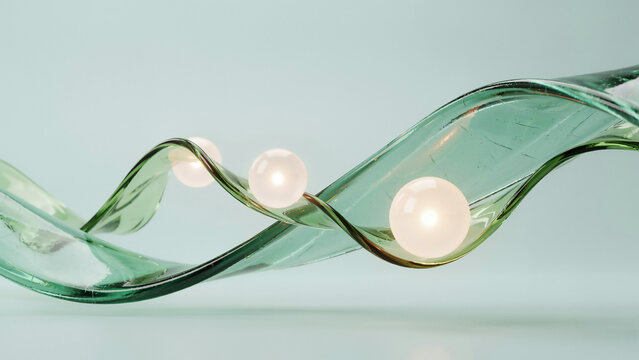Flowing green glass wave with three luminous pearls, abstract background