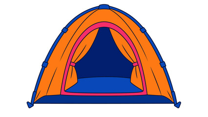 Open orange camping tent with blue and pink trim © Mark