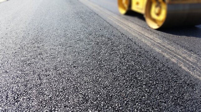 Overhead macro view of fresh asphalt pavement with roller track marks and blurred yellow road compactor in background