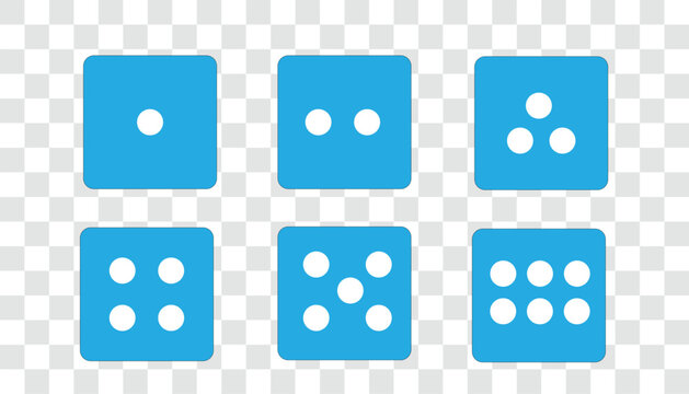 Blue dice icon set vector showing faces 1 to 6, flat game die symbols isolated on transparent background