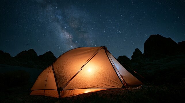 Wide shot of a solitary tent glowing warmly on a cliffside campsite, canvas texture and guy-lines