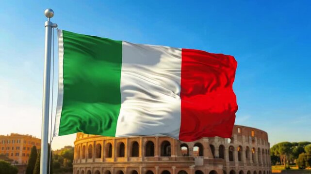 Waving Italian flag against the backdrop of an ancient historical amphitheater in Rome, Italy