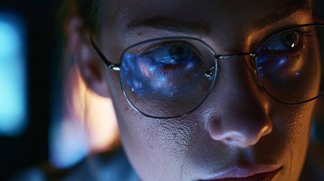 Close-up portrait of a scientist wearing thin wire-frame glasses, faint reflections of a computer