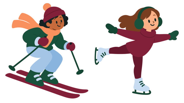 Skier and figure skater enjoying winter sports