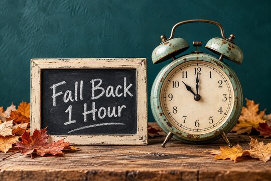 Fall Back One Hour Daylight Saving Time Concept with Vintage Alarm Clock, Chalkboard Sign, Autumn Leaves and Seasonal Clock Change Reminder