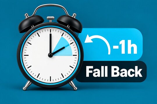 Fall Back One Hour Daylight Saving Time Concept with Alarm Clock, Backward Arrow, DST Reminder, Seasonal Clock Change and Standard Time Adjustment