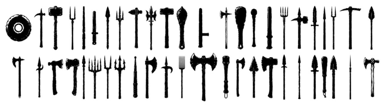 Medieval weapons axes spears hammers and shield icons in silhouette style
