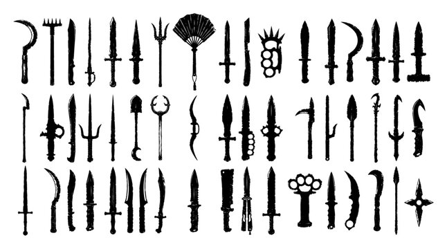 Combat knives daggers and assassin blade weapons collection in silhouette style