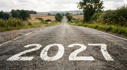 Obraz premium The year 2027 painted in white on an empty asphalt road leading into the distance through the countryside