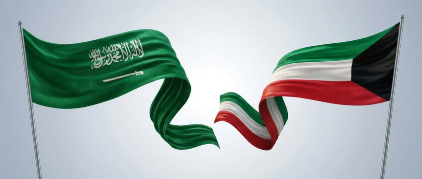 Saudi Arabia and Kuwait Waving Ribbons Flags Bilateral Relations | 3D rendering of the national flags of Saudi Arabia and Kuwait designed as waving silk ribbons on flagpoles isolated on light gray BK
