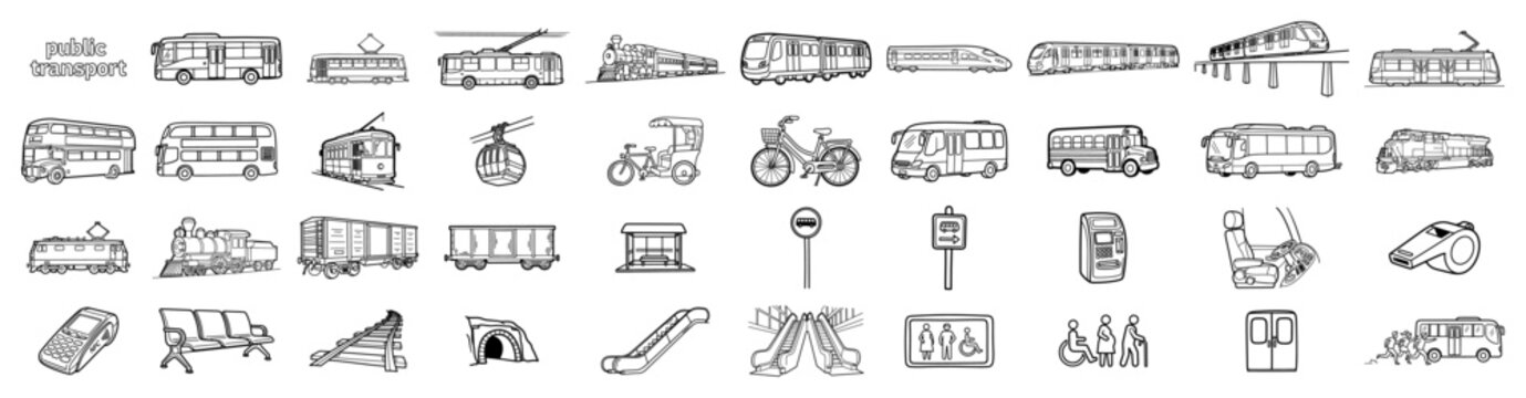 Public transport icons collection including bus train tram and subway in hand drawn sketch style