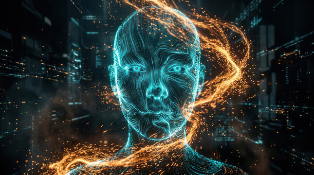 Futuristic digital human face glowing with bright blue light particles and cybernetic energy streams