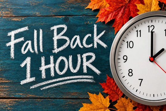 Fall Back One Hour Daylight Saving Time Concept with Wall Clock and Autumn Maple Leaves, Seasonal Clock Change and Standard Time Reminder