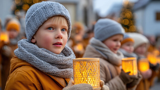 Young boy smiling, participating in a saint martin's day lantern parade, celebrating martinstag with a group of children and illuminated lanterns in an autumn park