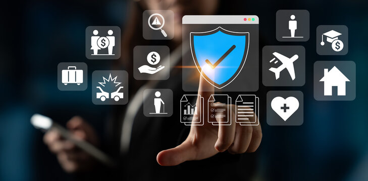 Various insurance icons like travel, health, home, and car protection connected to a central blue shield icon Parse