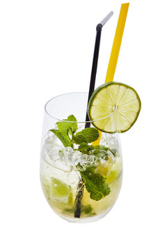 Mojito cocktail with lime, mint, ice, and straws