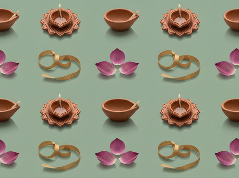 Diwali clay diya pattern, traditional oil lamp repeat background, festival wallpaper