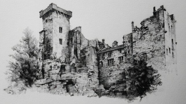 Detailed pen and ink drawing of an ancient medieval castle ruin