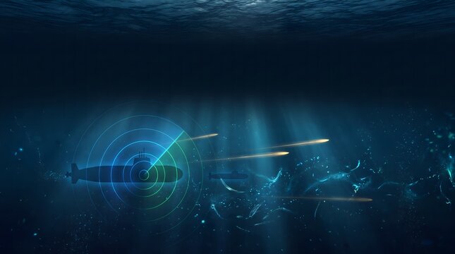 Submarine with Sonar Detection Rings and Incoming Torpedoes in a Dark Underwater Warfare Scene