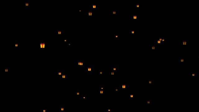 Animated gift boxes explosion with colorful presents bursting and scattering in different directions, festive surprise motion graphics with isolated objects and transparent alpha channel background