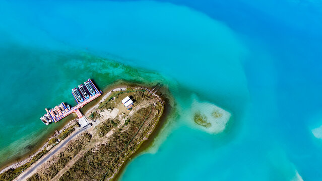Aerial view of Yuhu Lake with boat and dock in Zhaosu, Xinjiang, China