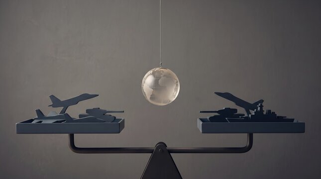 Balanced Scale with Aircraft, Tank and Ship Silhouettes and a Hanging Glass Globe