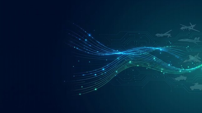 Defense Technology Background with Data Waves and Military Icons