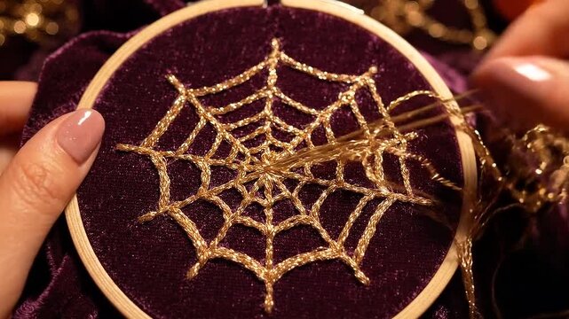 Golden spiderweb embroidery on purple velvet hoop craft