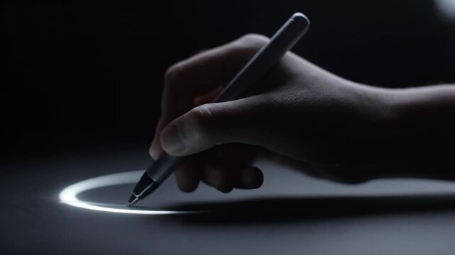 Hand drawing glowing line with stylus pen, dark creative concept
