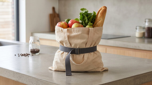 Canvas tote bag cinched with belt, full of apples, baguette and greens on kitchen counter