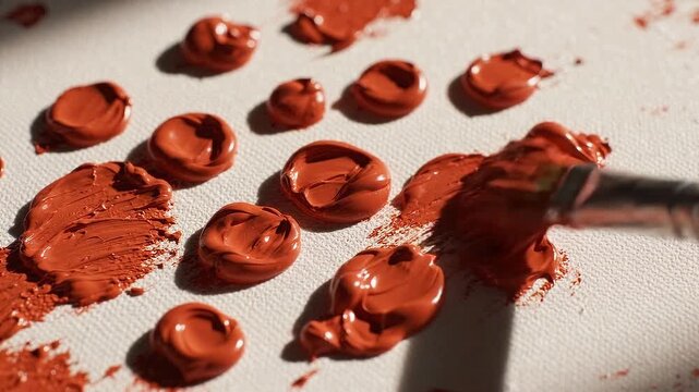 Orange paint blobs on canvas with paintbrushes close-up