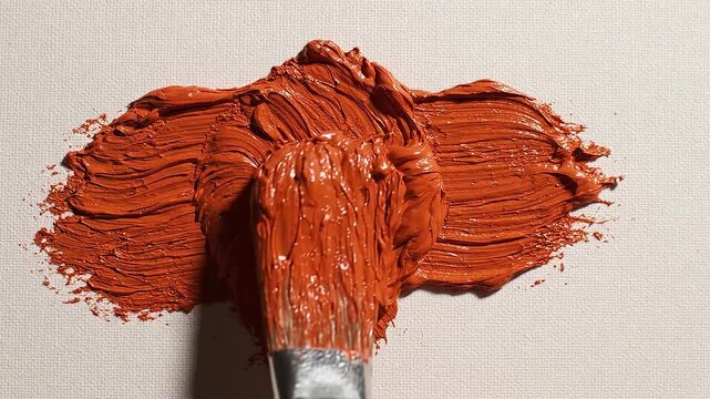 Thick orange paint stroke on white canvas with brush