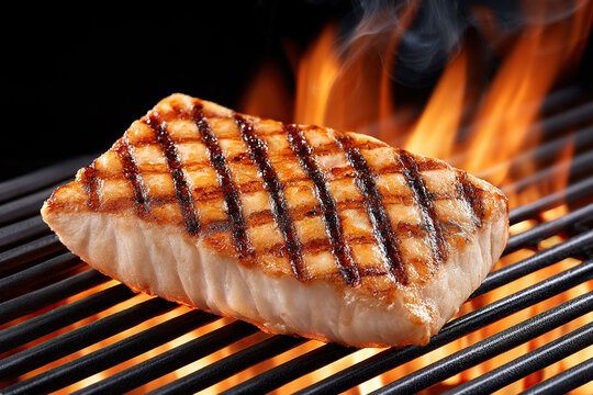 Fish fillet on the barbecue grill with fire and smoke