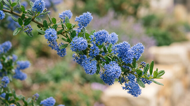 spring garden botanical concept featuring flowering blue ceanothus shrub