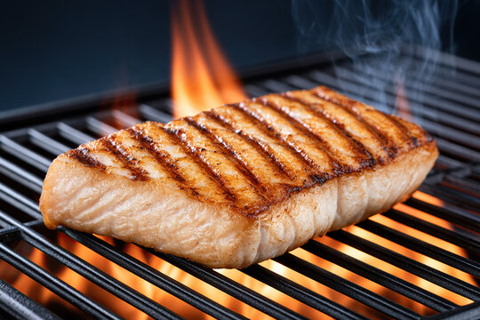 Fish fillet on the barbecue grill with fire and smoke