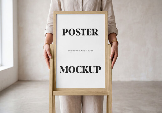 Stand Poster Frame in Hands Mockup