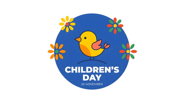 Childrens day circular graphic featuring a cute yellow bird surrounded by colorful flowers