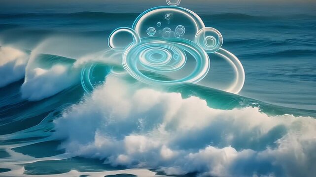 Three frames showcase glowing ethereal circles superimposed on powerful ocean waves.