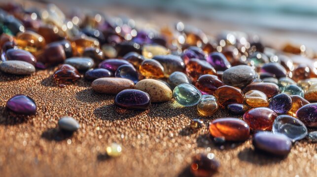 Colorful Glass Pebbles and Natural Stones Glinting in Sunlight on Sand