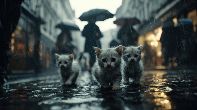 Three cute kittens walking on a wet city street in the rain
