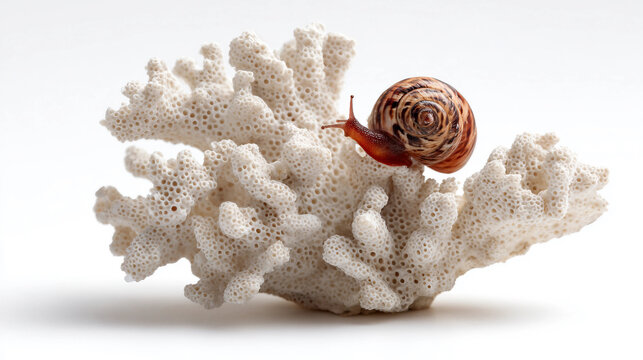 Small sea snail crawling across a natural coral fragment isolated on a clean background, detailed marine life and underwater ecosystem concept