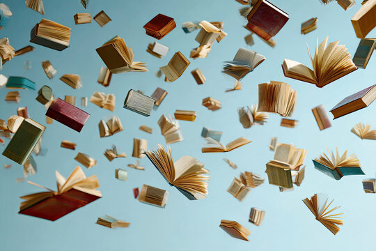 Many different books in air on light blue background 