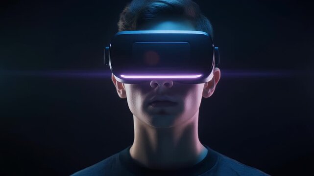 A split image shows three distinct portraits of a person wearing a virtual reality headset, with variations in lighting and glowing accents.