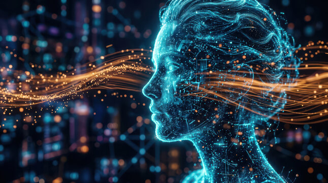 Glowing digital artificial intelligence human face profile rendering with luminous neon blue particle network lines