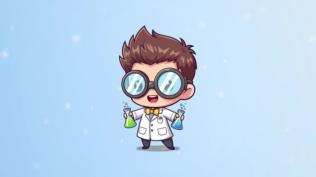 Cute cartoon scientist character holding test tubes with colorful liquids