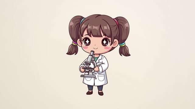 Cute cartoon girl scientist with a microscope in a lab coat