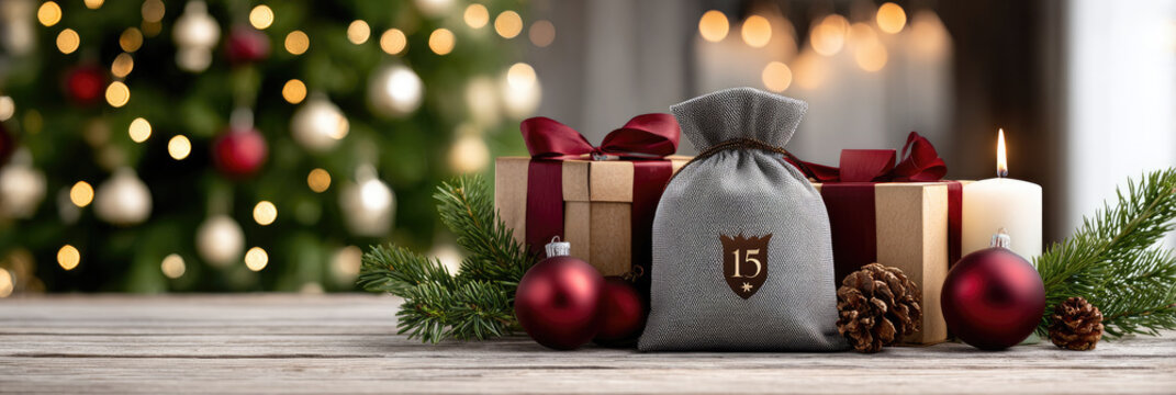 Advent calendar gift sack marked 15 beside a wrapped present, glowing candle, red baubles and pine cones on rustic wood, warm cozy christmas scene with bokeh tree lights