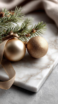 Golden glitter christmas ornament resting on a white marble surface, accompanied by green spruce branches and a beige ribbon, creating an elegant holiday background with copy space